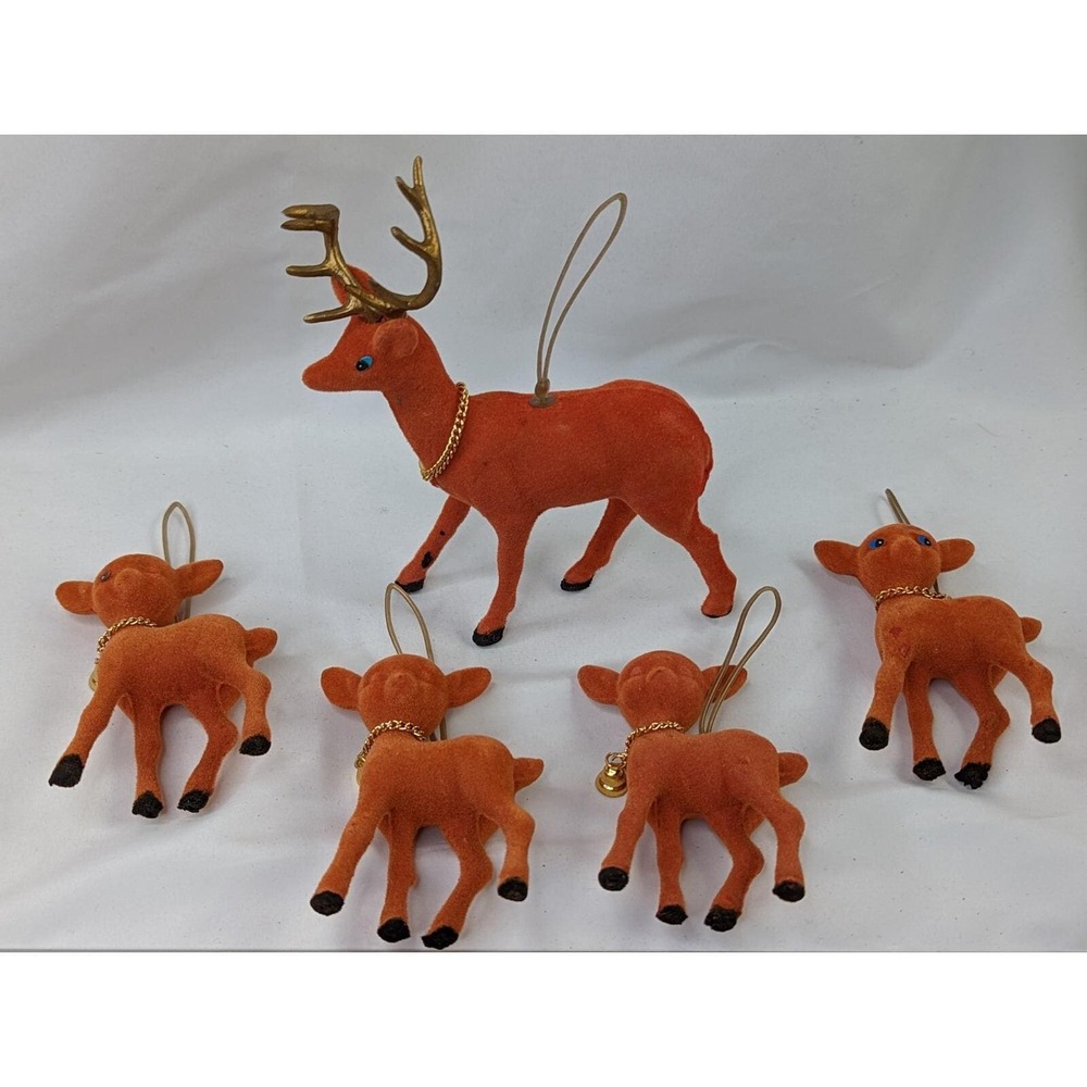 Flocked Reindeer Deer Fawn Ornament Lot Christmas Velvet 6 3.5 Inch